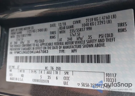 2019 Ford Escape Se z USA, uszkodzony, nr VIN 1FMCU9GD3KUA67083